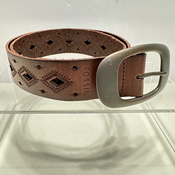 Fossil Brown Leather Belt Geometric Diamond Cutout Western Boho Brass Buckle S‎ main image 7